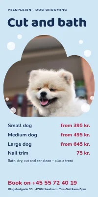 Door poster for a dog groomer — cut and bath