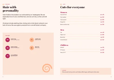 Pages 2–3 of Price list and treatments for a hair salon – 8 pages