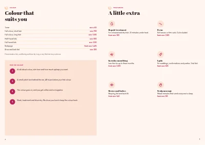 Pages 4–5 of Price list and treatments for a hair salon – 8 pages