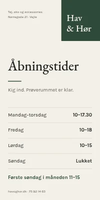 Dørplakat til tøjbutik — åbningstider, minimalt