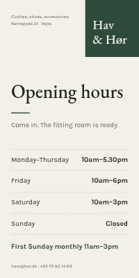 Door poster for a clothes shop — opening hours, minimal