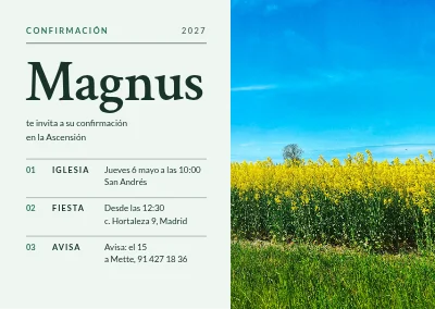 Confirmación — campo de colza y detalles numerados