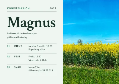 Konfirmasjon — rapsåker og nummererte detaljer