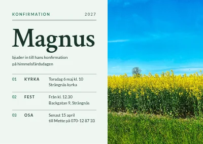 Konfirmation — rapsfält och numrerade detaljer