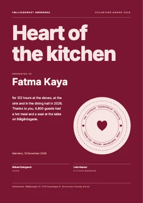 Volunteer award — heart of the kitchen