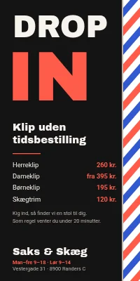 Dørplakat til frisør — drop-in uden tidsbestilling