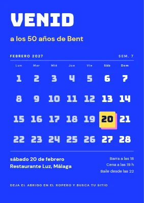 50.º cumpleaños — cartel de bienvenida con calendario