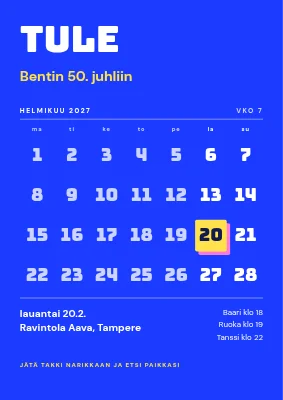 50-vuotissyntymäpäivä — kalenterimallinen tervetulokyltti