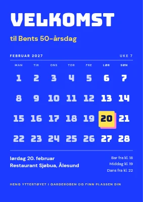 50-årsdag — velkomstskilt med kalender