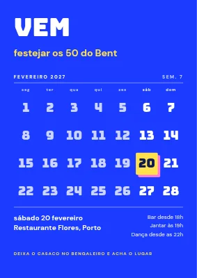 Aniversário de 50 anos — placa de boas-vindas com calendário