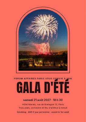 Gala d'été — feux d'artifice dans une fenêtre en arc