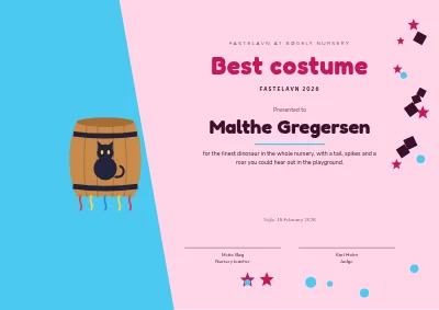 Certificate — best costume at Fastelavn