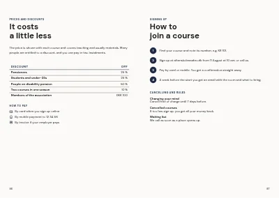 Pages 86–87 of Course catalogue for an evening school – 96 pages