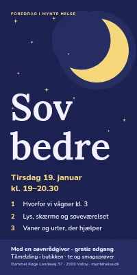 Dørplakat til helsekostbutik — foredrag om søvn
