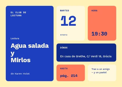Club de lectura — teselas bento en azul cobalto y amarillo mantequilla