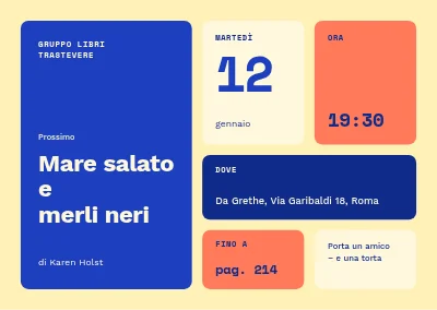 Club del libro — tessere bento in blu cobalto e giallo burro