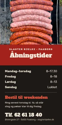 Dørplakat til slagter — åbningstider og bestilling til weekenden