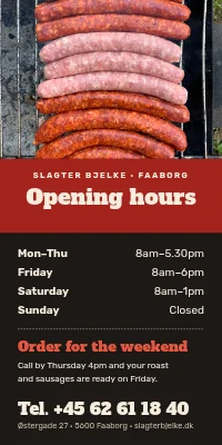 Door poster for a butcher — opening hours and weekend orders