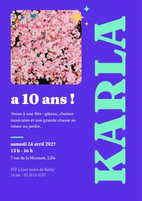 10e anniversaire — invitation avec le prénom sur le côté
