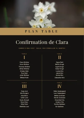 Confirmation — plan de table noir et or
