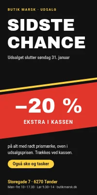 Dørplakat til butik — sidste chance, ekstra 20 % i kassen