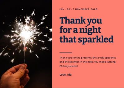 25th birthday — thank-you card with a sparkler
