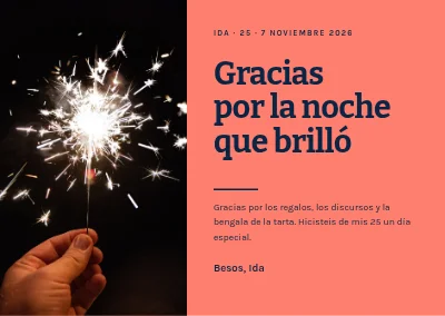 25 cumpleaños — tarjeta de agradecimiento con bengala