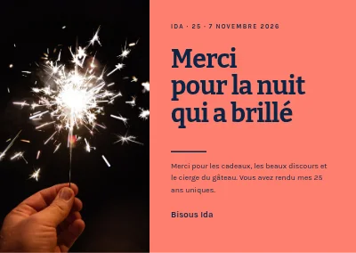 Anniversaire 25 ans — carte de remerciement avec un cierge magique