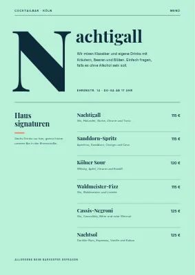 Seite 1 von Cocktailbar — Getränkekarte mit riesigem N