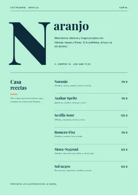 Página 1 de Coctelería — carta de bebidas con una N gigante