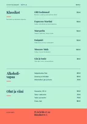 Sivu 2 – Cocktailbaari — drinkkilista jättimäisellä N-kirjaimella