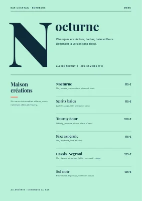 Bar à cocktails — carte des boissons avec un N géant