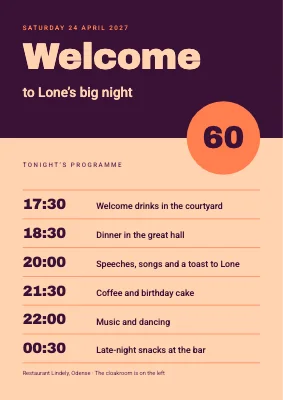 60th birthday — welcome sign with the evening programme
