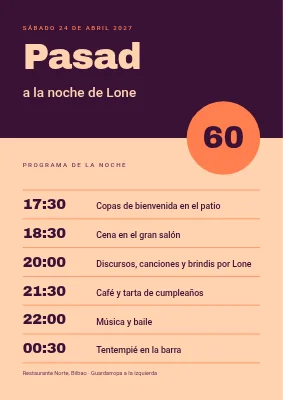 60.º cumpleaños — cartel de bienvenida con el programa de la velada