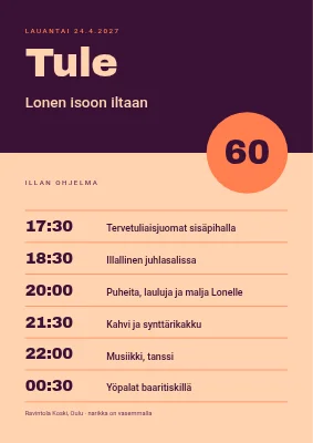 60-vuotissyntymäpäivä — tervetulokyltti illan ohjelmalla
