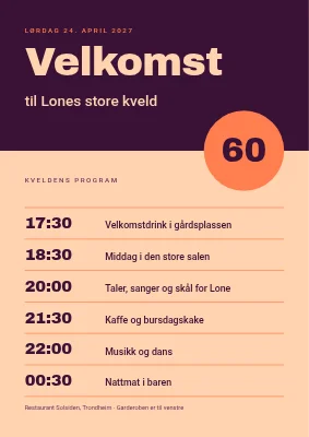 60-årsdag — velkomstskilt med kveldens program