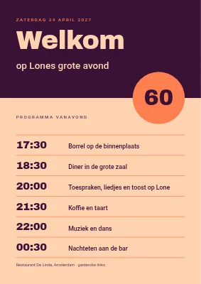 60e verjaardag — welkomstbord met het avondprogramma
