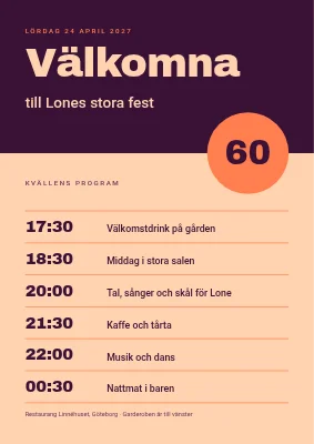 60-årsdag — välkomstskylt med kvällens program