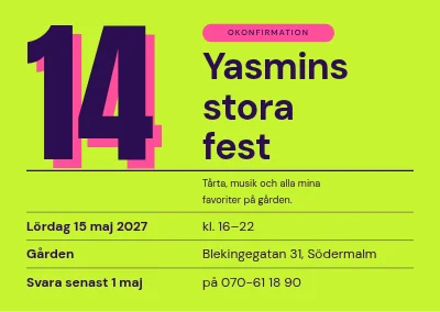 Okonfirmationsfest — jättestor 14 i neonlime