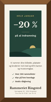 Dørplakat til rammeværksted — 20 % på indramning i januar
