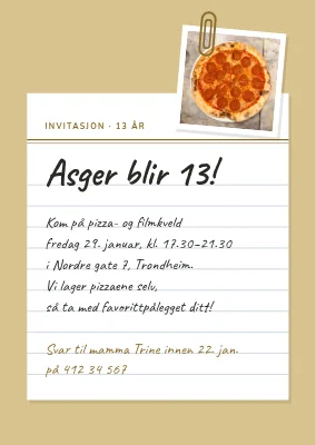 13-årsdag – invitasjon til pizza- og filmkveld