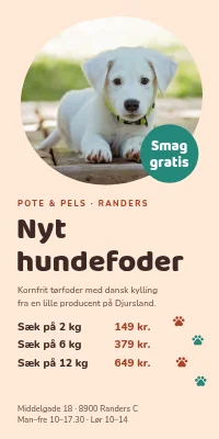 Dørplakat til dyrehandel — nyt hundefoder