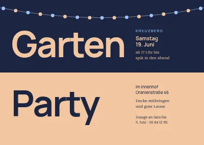 Gartenparty — zwei Worte auf geteiltem Blau und Pfirsich