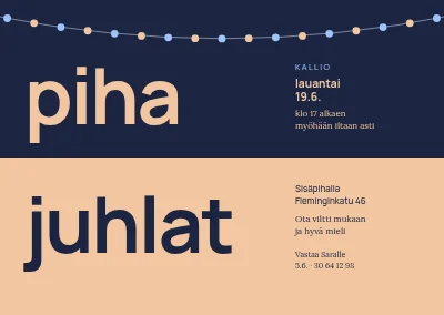 Puutarhajuhla — kaksi sanaa jaetulla sinisellä ja persikalla
