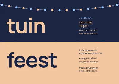 Tuinfeest — twee woorden op gesplitst blauw en perzik