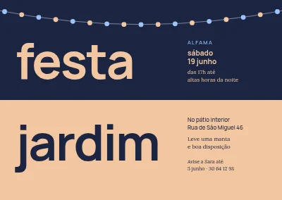Festa no jardim — duas palavras em fundo dividido azul e pêssego