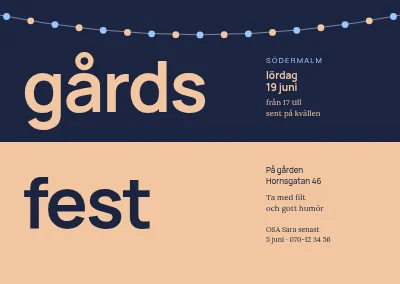 Trädgårdsfest — två ord på delat blått och persikofärgat