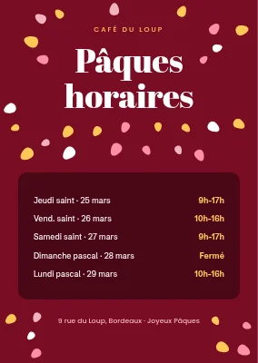 Horaires de Pâques — confettis d’œufs