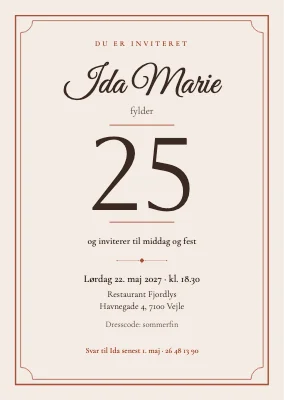 25-års fødselsdag — klassisk middagsinvitation