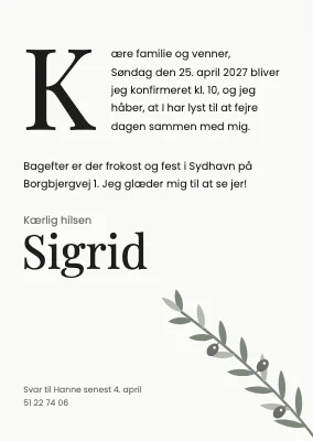 Konfirmation — invitation som brev med stort begyndelsesbogstav